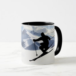 Skier Silhouette in snowy mountains Personalize Mok