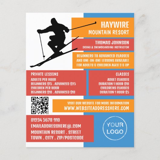 Skier Silhouette, Ski/Snowboarding Lessen/klassen Flyer (Voorkant)