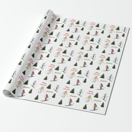 Skiers And Fir Trees Christmas Pattern With Text Cadeaupapier (Uitgerold)