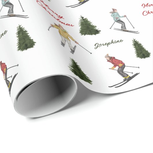 Skiers And Fir Trees Christmas Pattern With Text Cadeaupapier (Rol Hoek)
