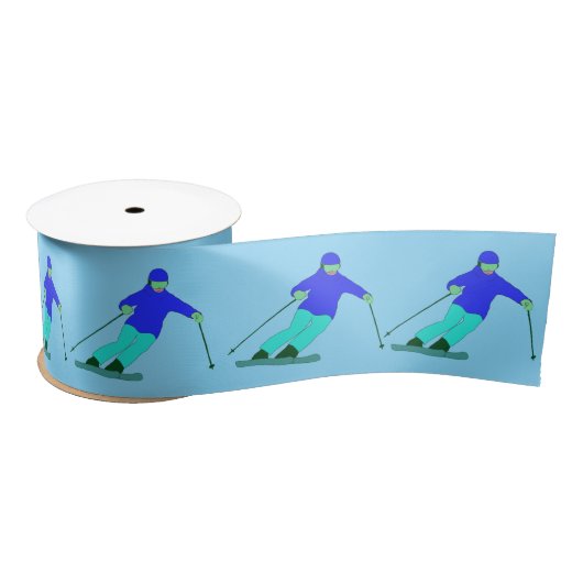 Skiers Downhill Skiing Sky Blue Satijnen Lint (Spoel)