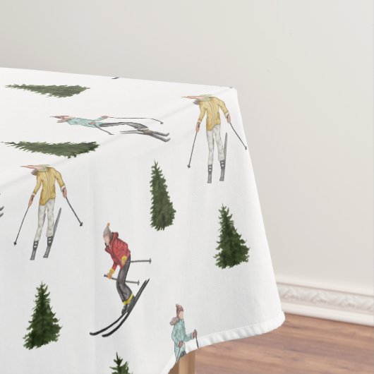 Skiërs En Sparren Watercolor Kerstpatroon Tafelkleed (Voorbeeld)