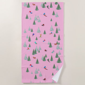 Skiërs Langlaufen Illustratie Roze Strandlaken