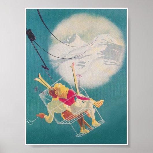Skiers op Ski Lift en Moon Romantic  Poster (Voorkant)