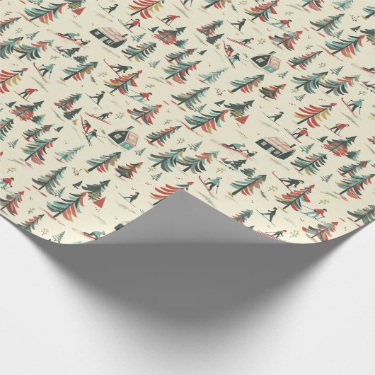 Skiërs & Vuurbomen: Winter Scene Patroon Cadeaupapier (Hoek)