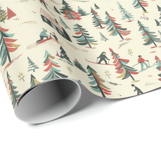 Skiërs & Vuurbomen: Winter Scene Patroon Cadeaupapier (Rol Hoek)