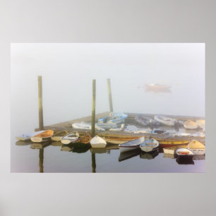 Skiffs and ochtend mist in Southwest Harbour, Poster