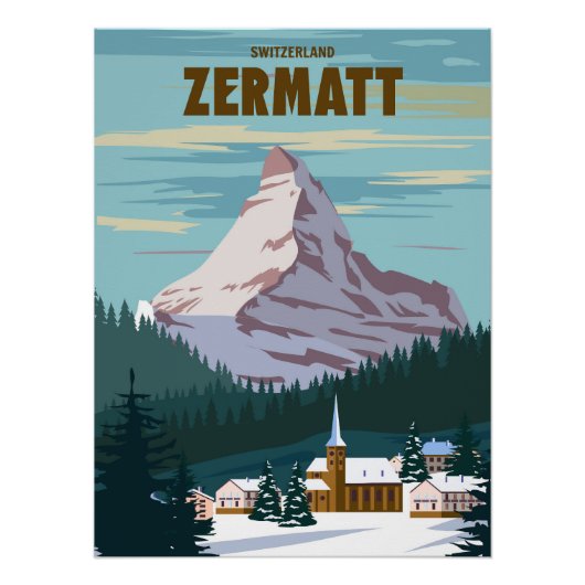 Skigebied Zermatt poster, retro, Alpes Winter Perfect Poster (Voorkant)