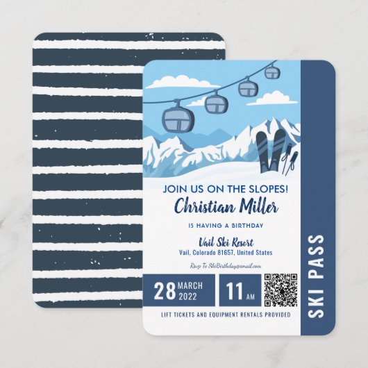 Skiing Birthday Party Slopes Ski Snowboard Ticket Kaart (Voorkant / Achterkant)