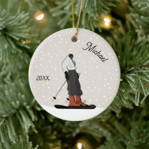 Skiing Boy Silhouette Winter Sport Kind Naam & Jaa Keramisch Ornament