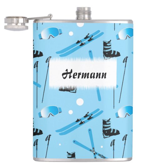 Skiing Equipment Pattern Blue Personalised Heupfles (Geopend)