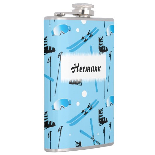 Skiing Equipment Pattern Blue Personalised Heupfles (Rechts)