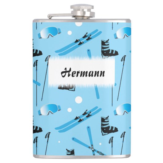 Skiing Equipment Pattern Blue Personalised Heupfles (Voorkant)