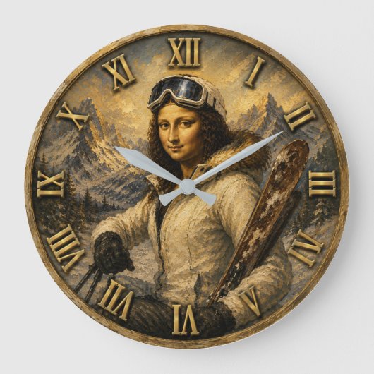 Skiing Funny Mona Lisa Skier Gift Grote Klok (Voorkant)
