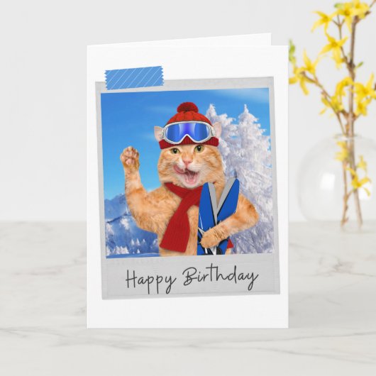 Skiing Ginger Cat Funny Birthday Card Kaart (Gele Bloem)