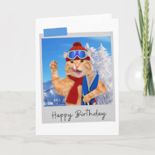 Skiing Ginger Cat Funny Birthday Card Kaart