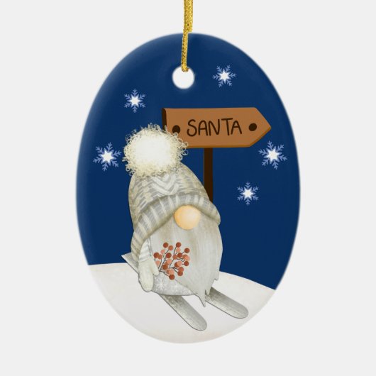 Skiing Gnome Op zoek naar Santa Kinderen Keramisch Ornament (Voorkant)