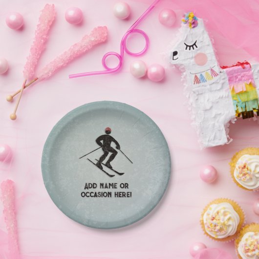 Skiing Guy op gegalvaniseerd staal look mannelijk Papieren Bordje (Feest)