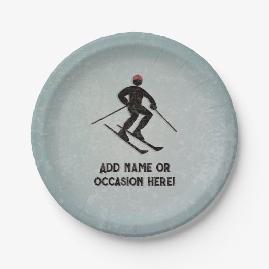 Skiing Guy op gegalvaniseerd staal look mannelijk Papieren Bordje (Voorkant)