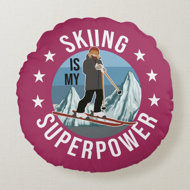 Skiing is Mijn Superpower Rond Kussen (Voorkant)