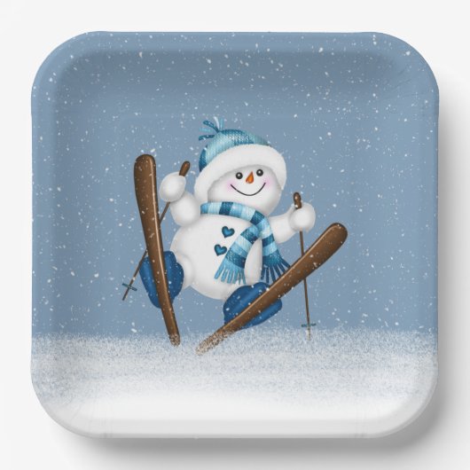 Skiing Kerstmis Snowman Papieren Bordje (Voorkant)