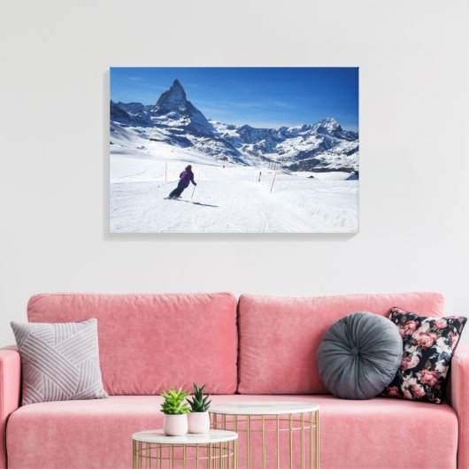 Skiing met Mt. Matterhorn in Zermatt, Zwitserland Canvas Afdruk (Insitu (Woonkamer))