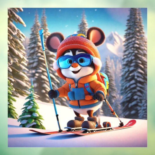 Skiing Mouse Window Cling Raamsticker (Vel 3)