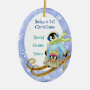 Skiing Penguin Baby's 1e Kerstversiering Keramisch Ornament