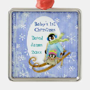 Skiing Penguin Baby's 1e Kerstversiering Metalen Ornament