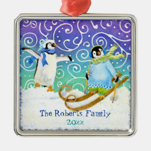 Skiing Penguin Baby's 1e Kerstversiering Metalen Ornament