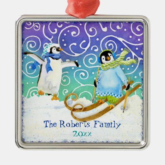 Skiing Penguin Baby's 1e Kerstversiering Metalen Ornament (Voorkant)