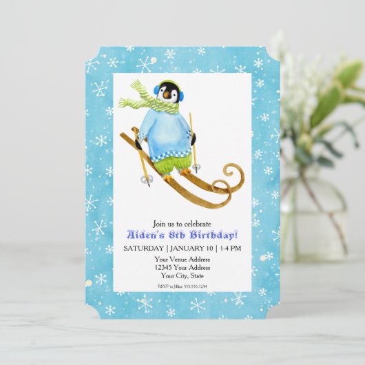 Skiing Penguin Birthday Party Ski Falling Snow Kaart (Staand voorkant)
