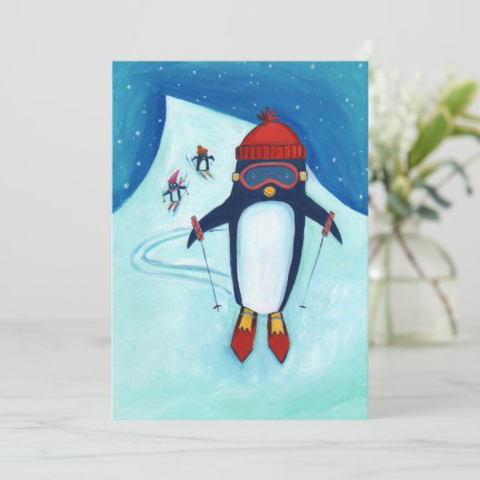 Skiing Penguin Family Holiday Greeting Card Bedankkaart (Staand voorkant)