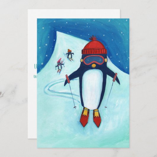 Skiing Penguin Family Holiday Greeting Card Bedankkaart (Voorkant / Achterkant)