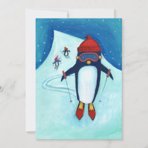 Skiing Penguin Family Holiday Greeting Card Bedankkaart