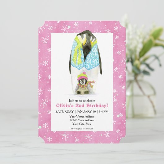 Skiing Penguin Girl Birthday Party Ski Snowflake Kaart (Staand voorkant)