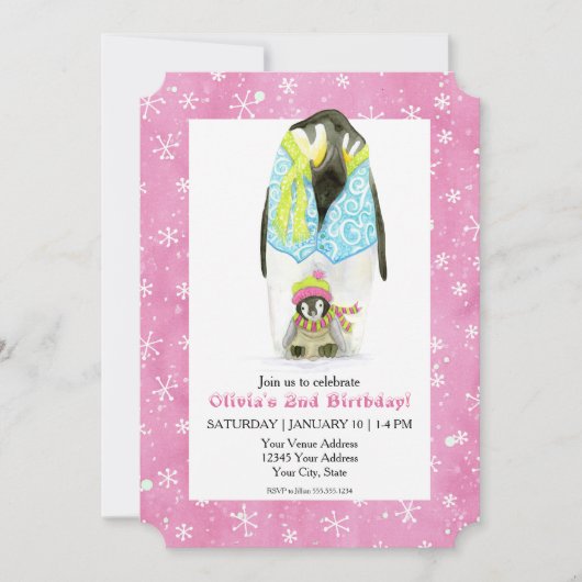 Skiing Penguin Girl Birthday Party Ski Snowflake Kaart (Voorkant)