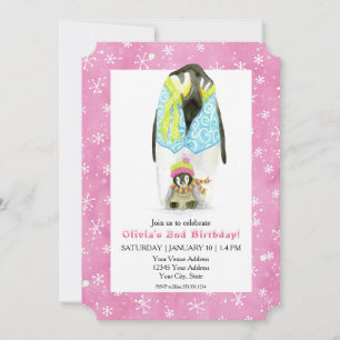 Skiing Penguin Girl Birthday Party Ski Snowflake Kaart