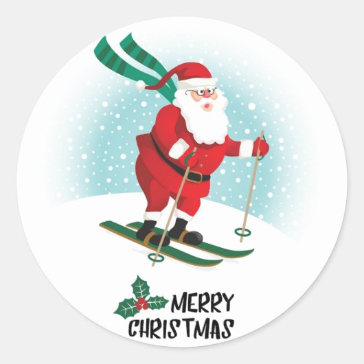 Skiing Santa Claus | FEESTDAGEN Ronde Sticker (Voorkant)