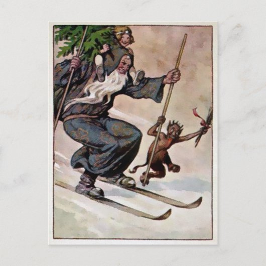 Skiing Santa en Krampus Briefkaart (Voorkant)