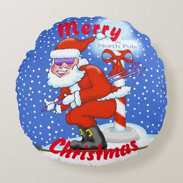 Skiing Santa Kerstmis Pillow Rond Kussen (Voorkant)