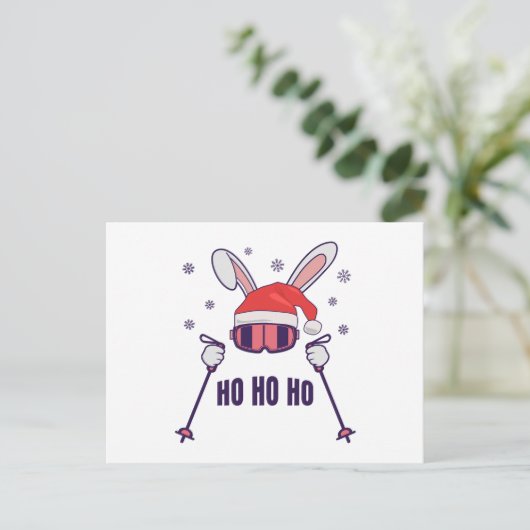 Skiing Santa Rabbit with Santa Hat and ski poles S Briefkaart (Staand voorkant)