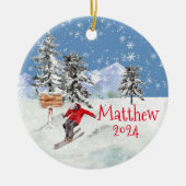 Skiing Skier Sneeuw Persoonlijke Waterverf Keramisch Ornament (Voorkant)