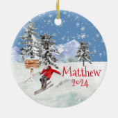 Skiing Skier Sneeuw Persoonlijke Waterverf Keramisch Ornament (Achterkant)