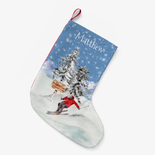 Skiing Skier Sneeuw Persoonlijke Waterverf Kleine Kerstsok (Voorkant (Hangend))