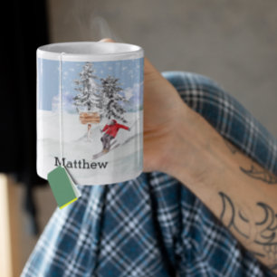 Skiing Skier Snow Persoonlijke Waterverf Naam Koffiemok