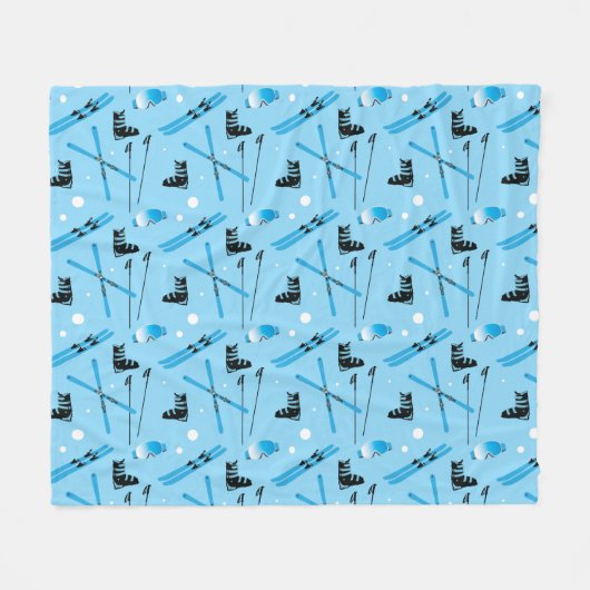 Skiing Skis Boots Poles and Goggles Fun Blue Fleece Deken (Voorkant (Horizontaal))