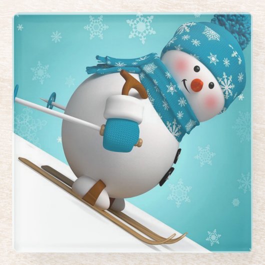 Skiing Snowman Glazen Onderzetter (Voorkant)