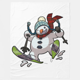 Skiing Snowman in Wooly Pet Cartoon Fleece Deken