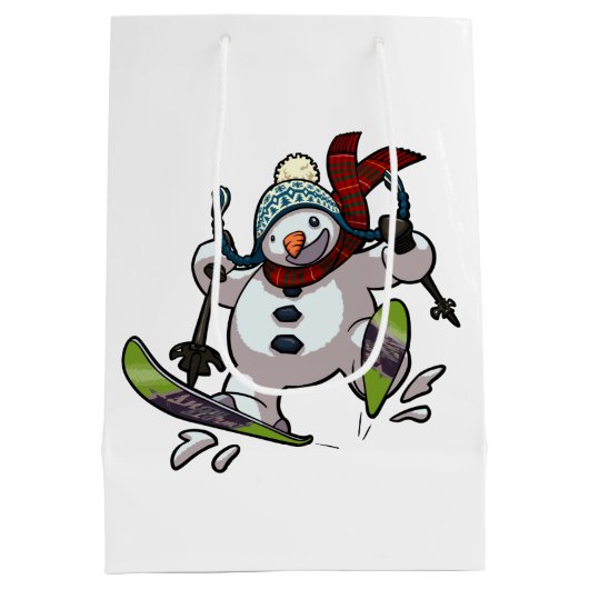 Skiing Snowman in Wooly Pet Cartoon Medium Cadeauzakje (Achterkant)
